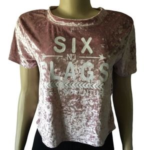 Six Flags Women's Top Size Large Pink Velvet Short Sleeve Crop Vacation Fun